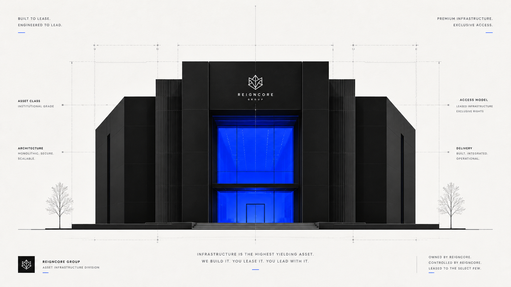 Illustration architecturale épurée d'un édifice institutionnel noir mat et argent, avec un espace d'entrée illuminé en bleu cobalt symbolisant l'accès locatif.