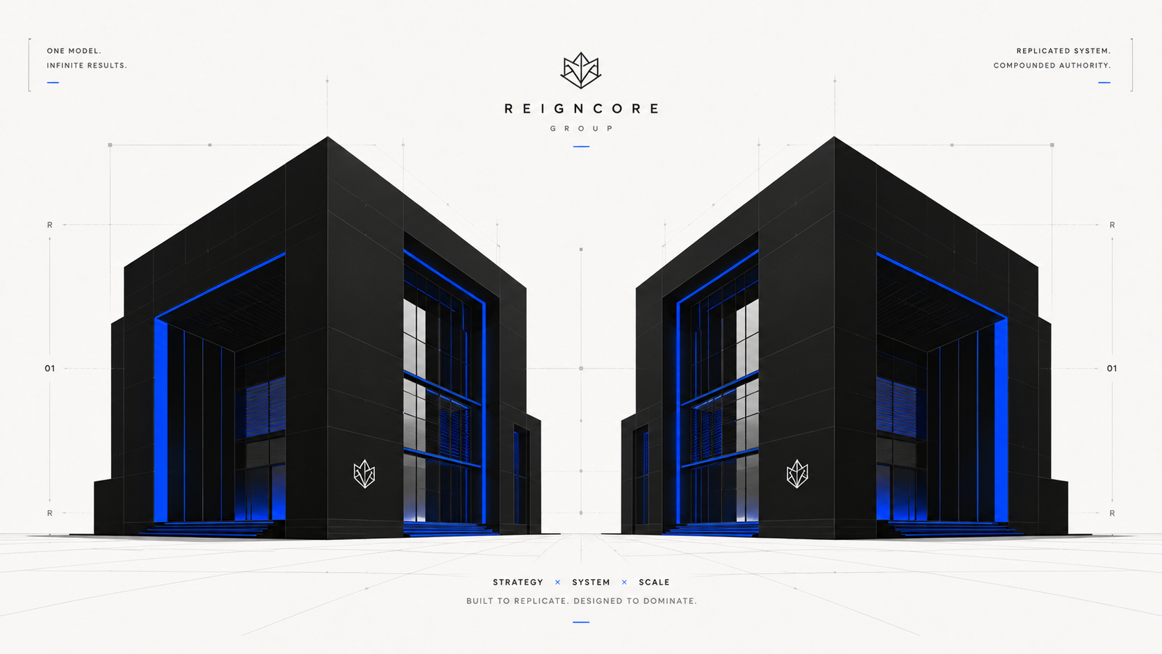 Illustration architecturale minimaliste montrant deux structures jumelles noir mat avec des détails bleu cobalt, symbolisant la réplication réussie d'un système.