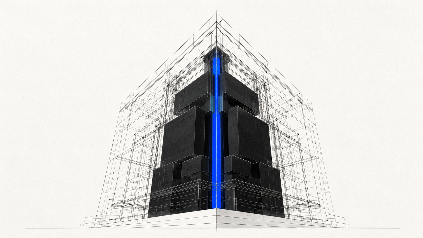 Illustration architecturale en contre-plongée montrant la transparence d'un design de surface argenté laissant apparaître un cœur structurel noir mat et bleu cobalt.