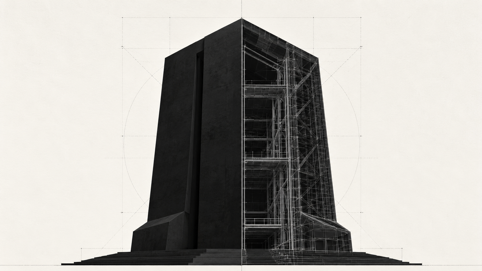 Élévation architecturale d'un bloc monolithique noir mat, révélant des lignes de plans techniques argentées et des fondations sémantiques précises.