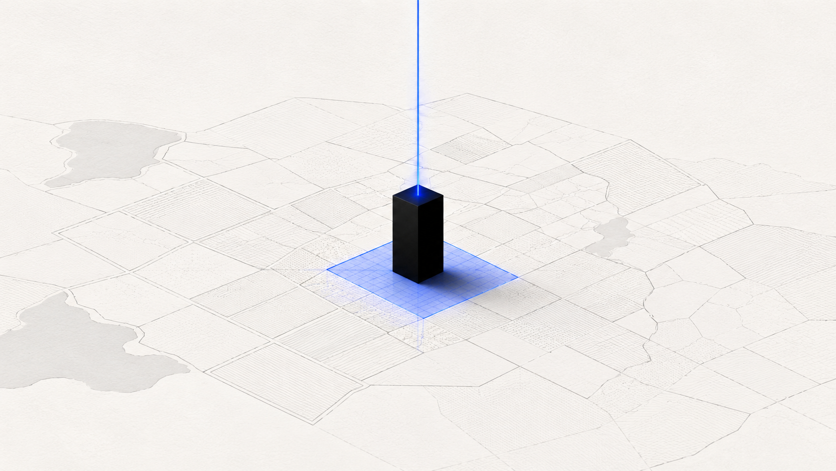 Plan technique et géométrique abstrait représentant une niche de marché locale verrouillée par un édifice noir mat émettant un signal bleu électrique.