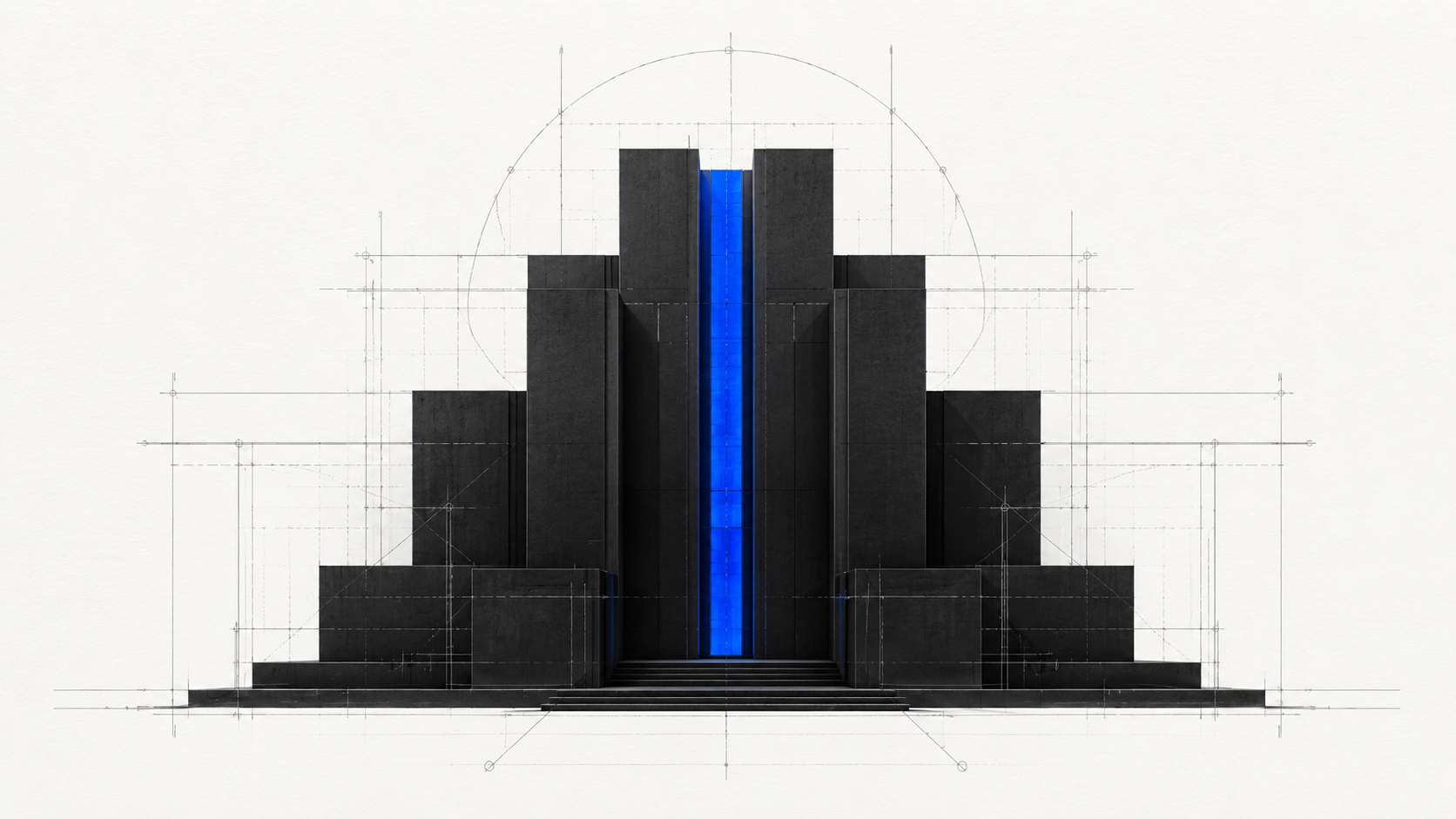 Illustration architecturale minimaliste d'un bâtiment institutionnel noir et anthracite, entouré de lignes de plans techniques argentées et traversé par un insert en verre bleu électrique.
