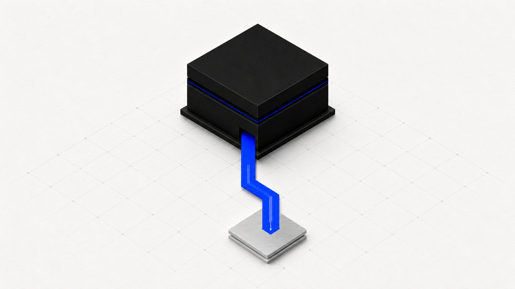 Schéma isométrique haut de gamme illustrant le modèle ADL de REIGNCORE, où un bloc d'actif noir distribue un flux exclusif de leads bleu cobalt vers une zone client.