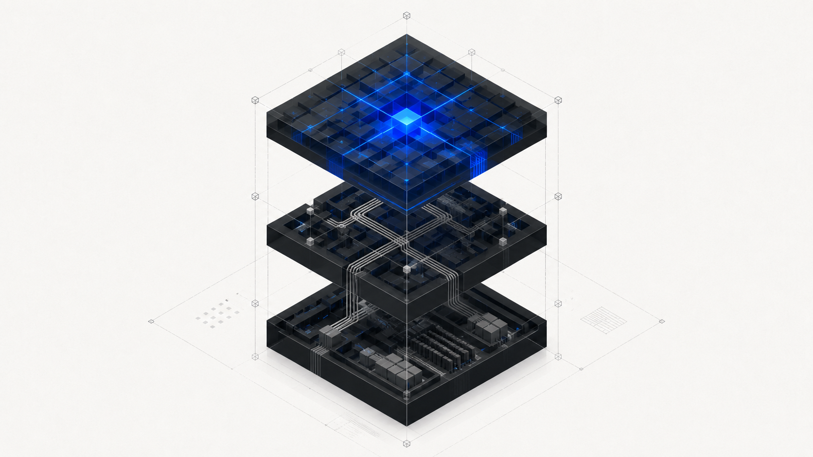 Schéma technique haut de gamme représentant un bloc structurel décomposé en trois strates horizontales flottantes et alignées, avec la couche supérieure illuminée de bleu électrique pour la conversion.