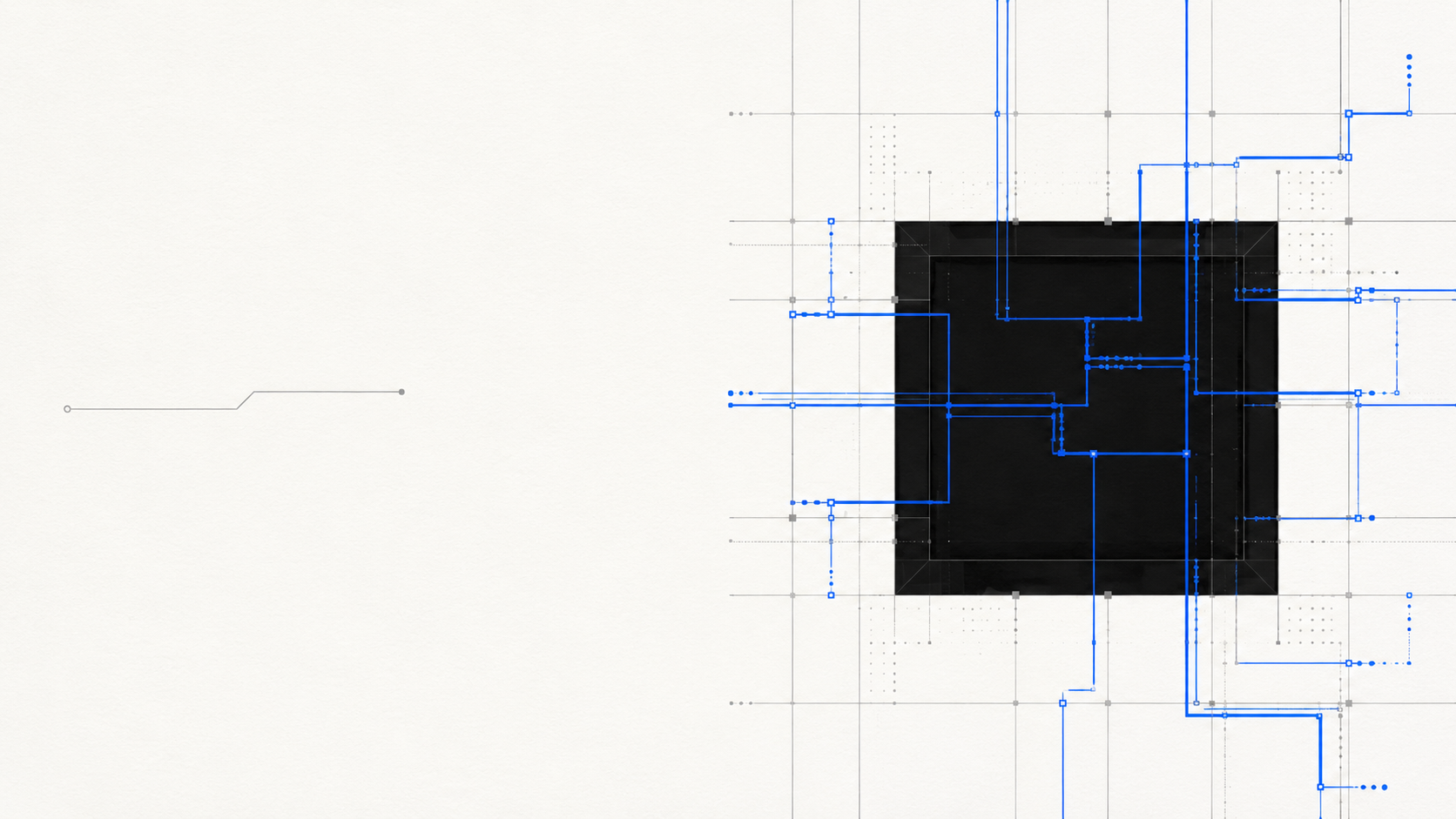 Composition graphique corporate contrastant un simple tracé linéaire inactif avec un grand système structurel noir mat et bleu cobalt, marquant le passage de l'outil au système.