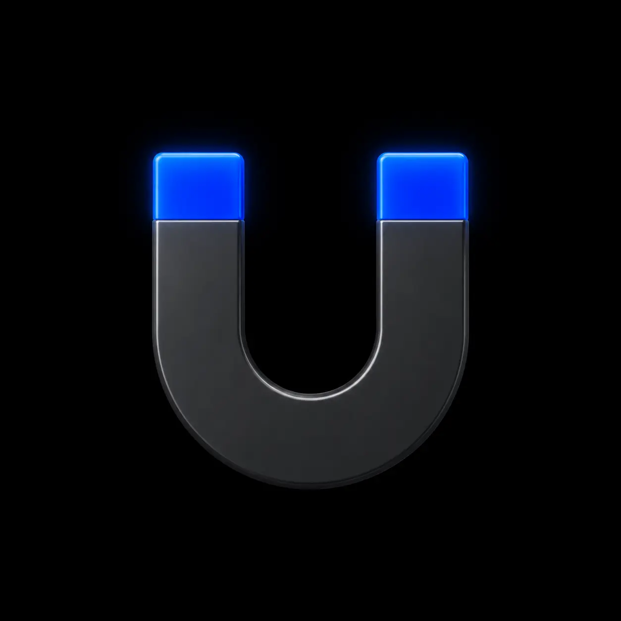 Aimant en U noir mat aux extrémités illuminées en bleu cobalt, illustrant la capacité d'un actif REIGNCORE à transformer le trafic en prises de contact