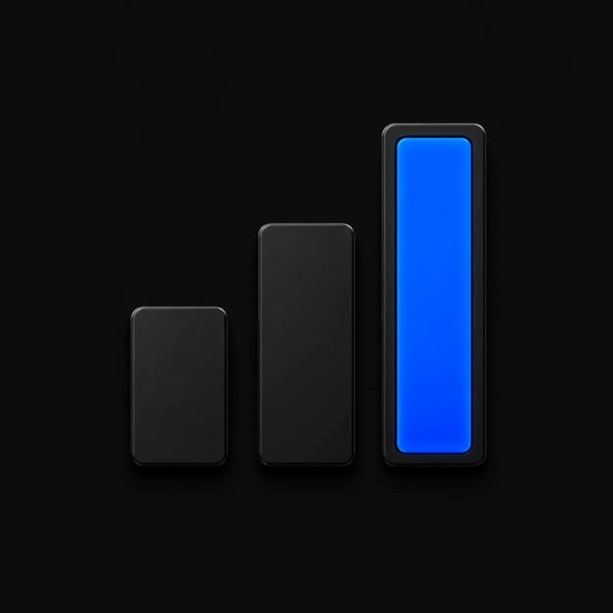 Trois barres ascendantes noir mat avec la dernière illuminée en bleu cobalt, illustrant la méthode REIGNCORE éprouvée sur le marché