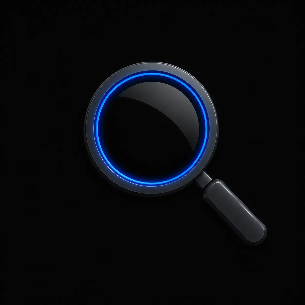 Loupe noir mat avec cercle lumineux bleu cobalt, illustrant la visibilité d'un actif REIGNCORE sur Google et dans les IA